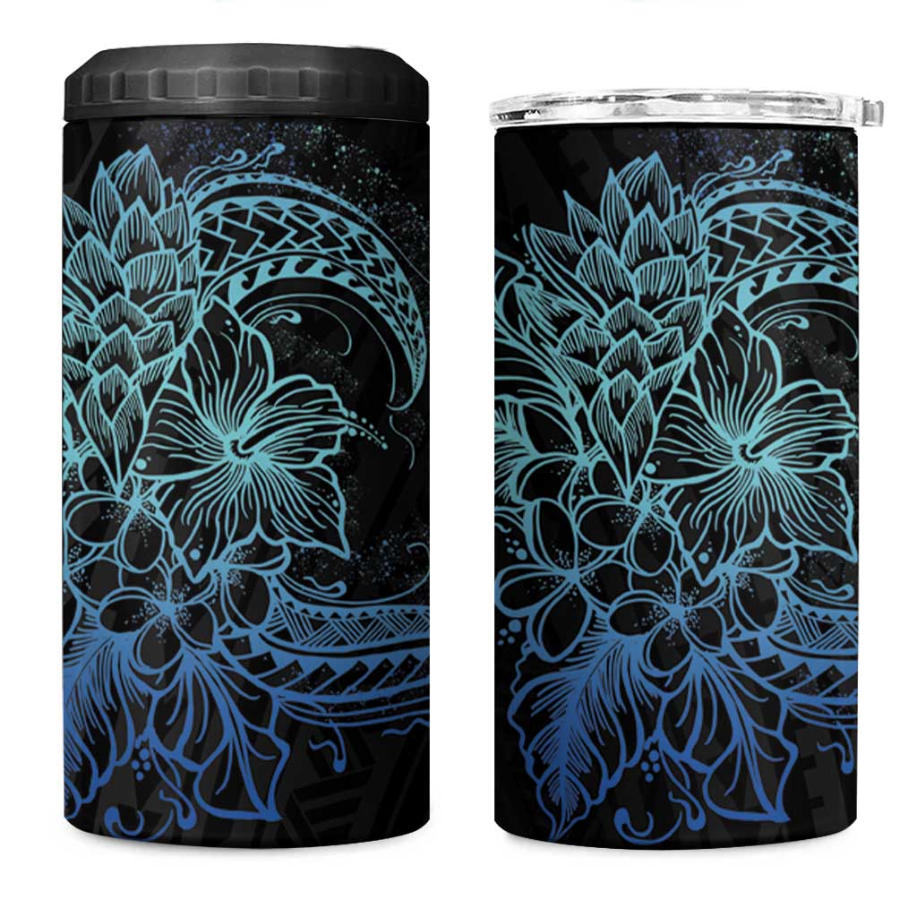 Floral Polynesian Hibiscus Tattoo 4 in 1 Can Cooler Tumbler Blue Gradient Style LT9 One Size: 16 oz Blue - Polynesian Pride