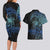 Floral Polynesian Hibiscus Tattoo Couples Matching Long Sleeve Bodycon Dress and Hawaiian Shirt Blue Gradient Style