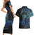 Floral Polynesian Hibiscus Tattoo Couples Matching Short Sleeve Bodycon Dress and Hawaiian Shirt Blue Gradient Style