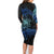 Floral Polynesian Hibiscus Tattoo Family Matching Long Sleeve Bodycon Dress and Hawaiian Shirt Blue Gradient Style