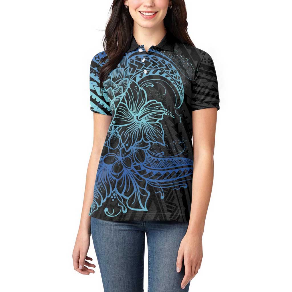 Floral Polynesian Hibiscus Tattoo Women Polo Shirt Blue Gradient Style LT9 - Polynesian Pride