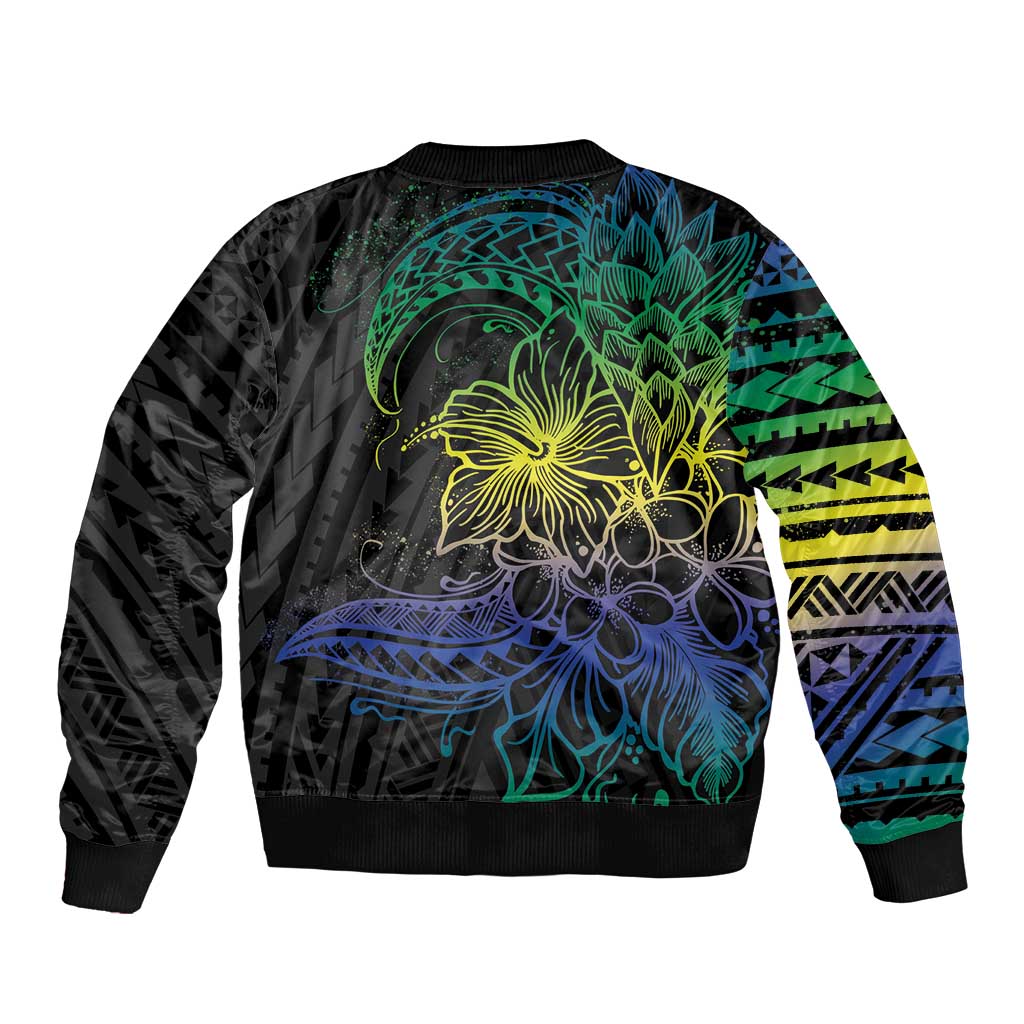 Floral Polynesian Hibiscus Tattoo Bomber Jacket Green Gradient Style LT9 - Polynesian Pride
