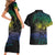 Floral Polynesian Hibiscus Tattoo Couples Matching Short Sleeve Bodycon Dress and Hawaiian Shirt Green Gradient Style