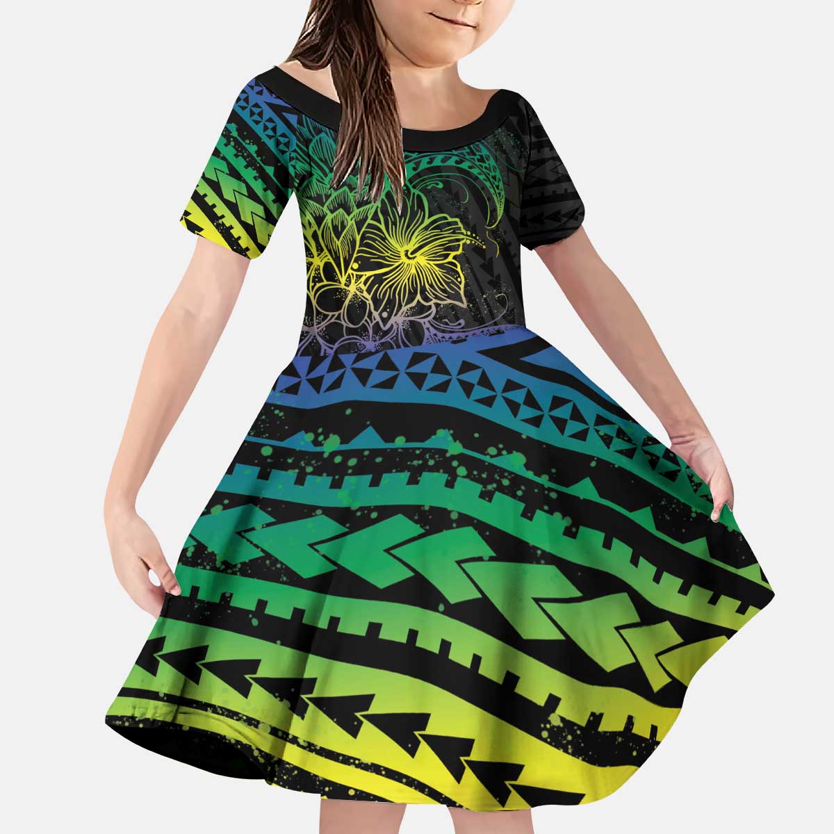 Floral Polynesian Hibiscus Tattoo Kid Short Sleeve Dress Green Gradient Style LT9 KID Green - Polynesian Pride