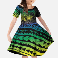 Floral Polynesian Hibiscus Tattoo Kid Short Sleeve Dress Green Gradient Style LT9 KID Green - Polynesian Pride