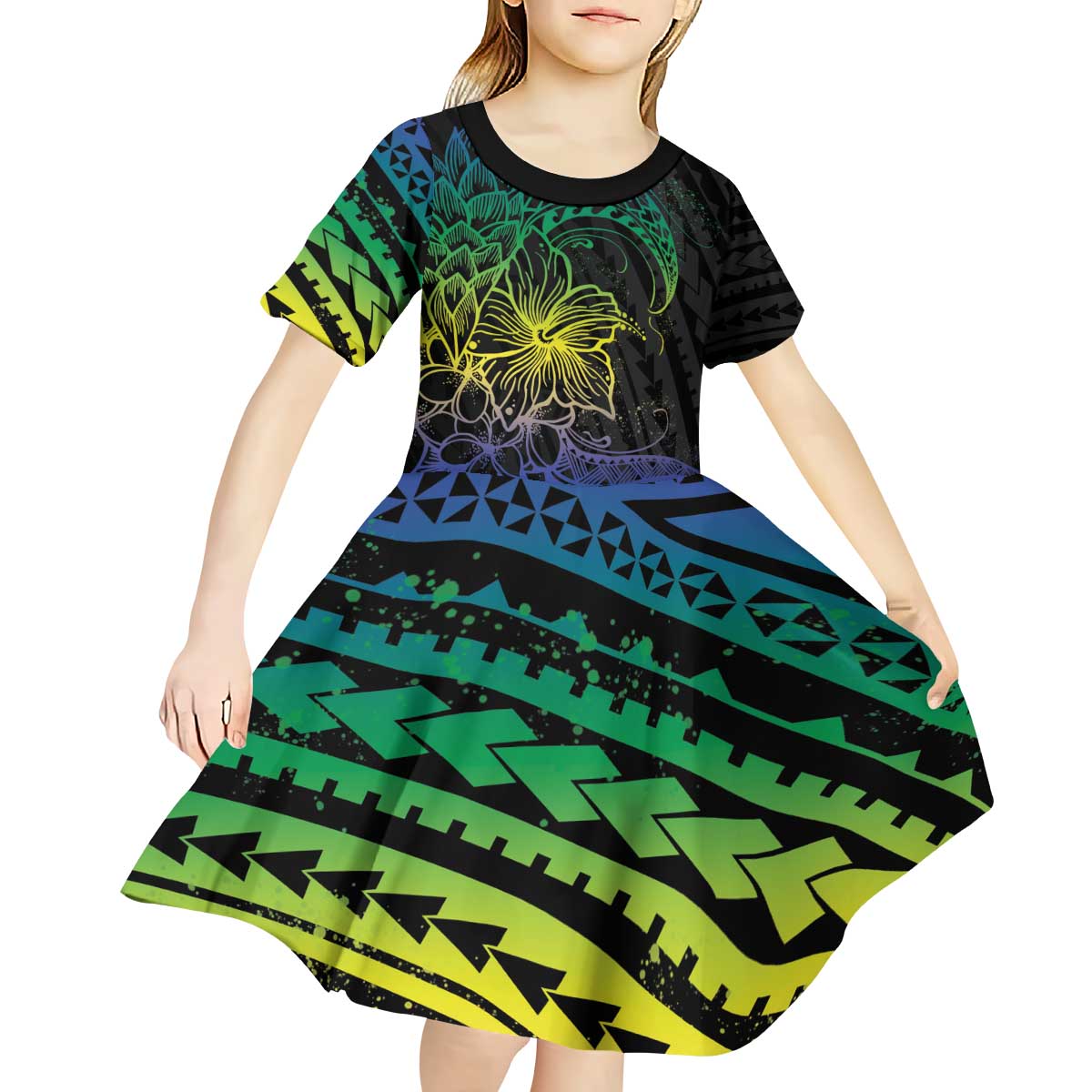 Floral Polynesian Hibiscus Tattoo Kid Short Sleeve Dress Green Gradient Style LT9 - Polynesian Pride