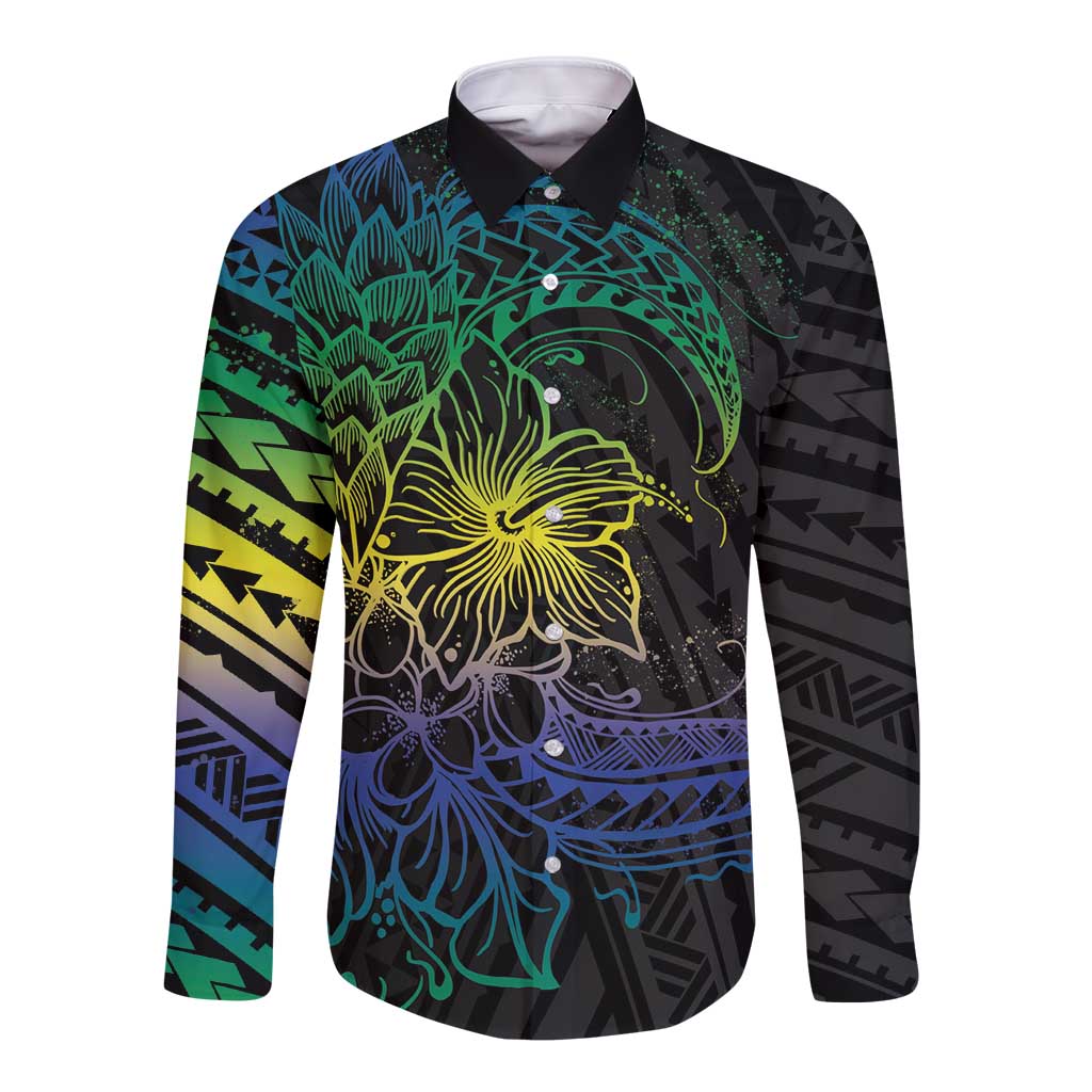 Floral Polynesian Hibiscus Tattoo Long Sleeve Button Shirt Green Gradient Style LT9 Unisex Green - Polynesian Pride