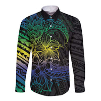 Floral Polynesian Hibiscus Tattoo Long Sleeve Button Shirt Green Gradient Style LT9 Unisex Green - Polynesian Pride