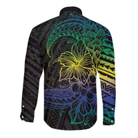 Floral Polynesian Hibiscus Tattoo Long Sleeve Button Shirt Green Gradient Style LT9 - Polynesian Pride