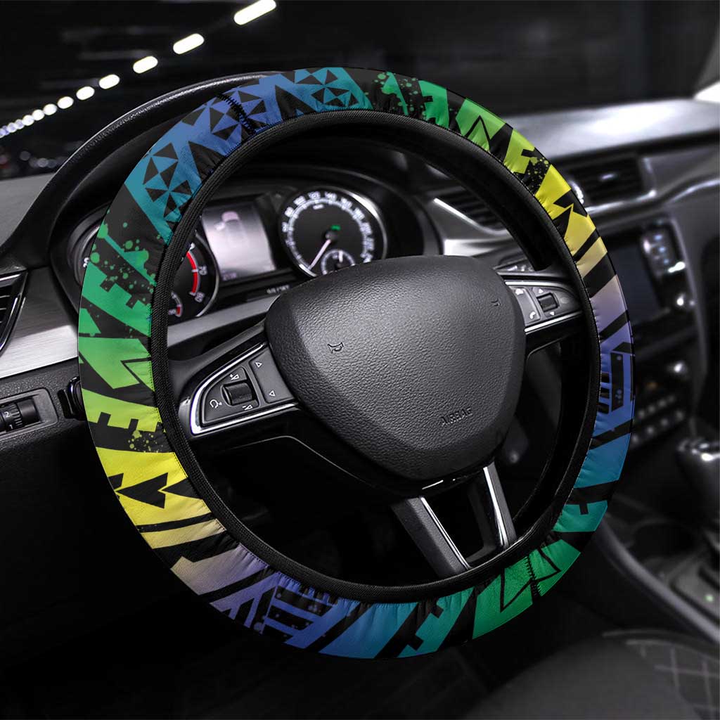 Floral Polynesian Hibiscus Tattoo Steering Wheel Cover Green Gradient Style