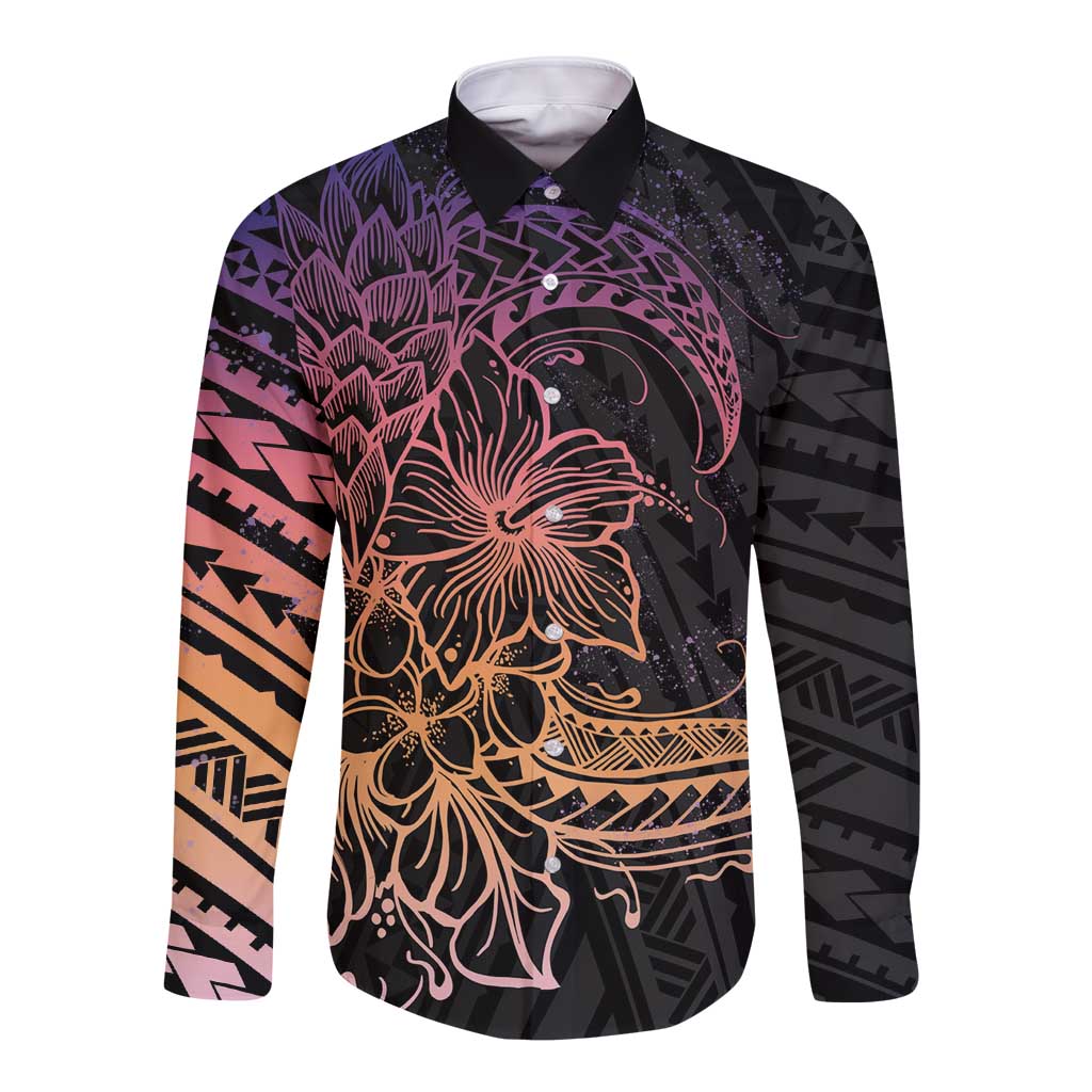 Floral Polynesian Hibiscus Tattoo Long Sleeve Button Shirt Peach Gradient Style LT9 Unisex Peach - Polynesian Pride