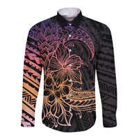 Floral Polynesian Hibiscus Tattoo Long Sleeve Button Shirt Peach Gradient Style LT9 Unisex Peach - Polynesian Pride