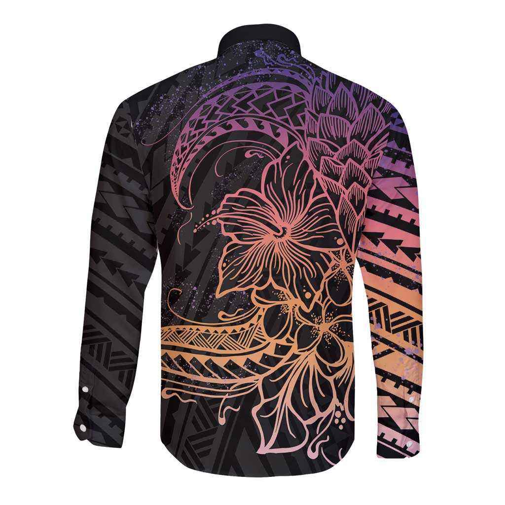 Floral Polynesian Hibiscus Tattoo Long Sleeve Button Shirt Peach Gradient Style LT9 - Polynesian Pride