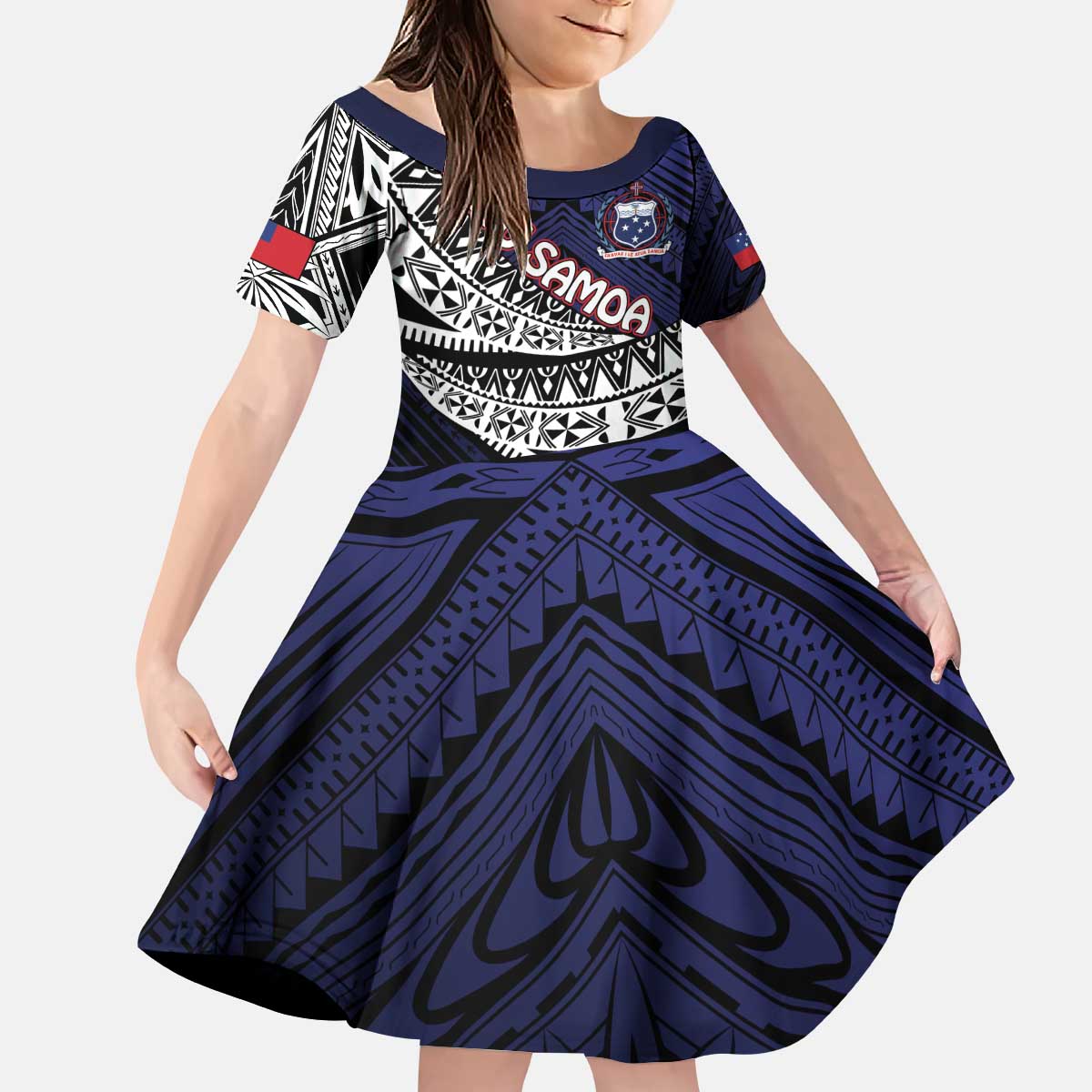 Custom Samoa Rugby Pacific Kid Short Sleeve Dress Samoan Warrior Tribal Pattern LT9 KID Blue - Polynesian Pride
