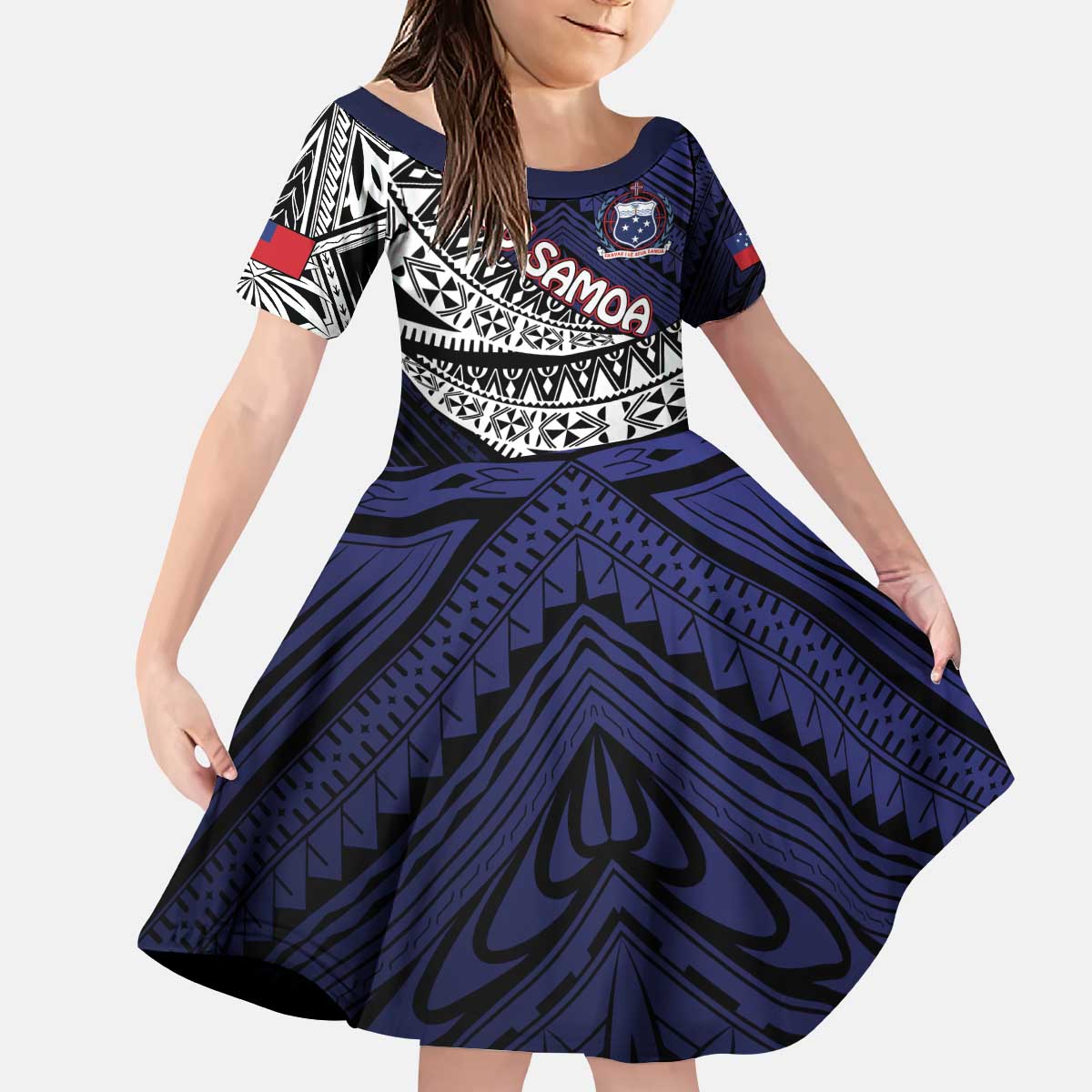 Custom Samoa Rugby Pacific Kid Short Sleeve Dress Samoan Warrior Tribal Pattern