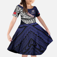 Custom Samoa Rugby Pacific Kid Short Sleeve Dress Samoan Warrior Tribal Pattern LT9 KID Blue - Polynesian Pride