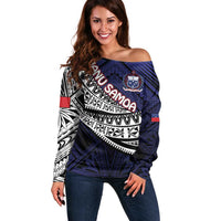 Custom Samoa Rugby Pacific Off Shoulder Sweater Samoan Warrior Tribal Pattern LT9 Women Blue - Polynesian Pride