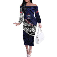 Custom Samoa Rugby Pacific Off The Shoulder Long Sleeve Dress Samoan Warrior Tribal Pattern LT9 Women Blue - Polynesian Pride