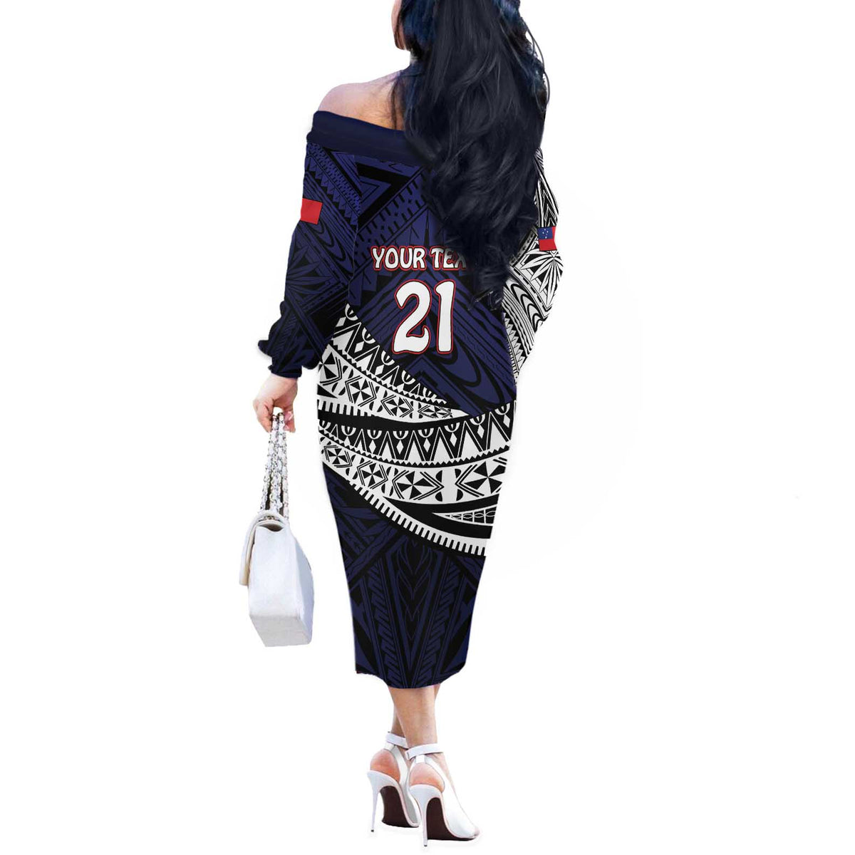 Custom Samoa Rugby Pacific Off The Shoulder Long Sleeve Dress Samoan Warrior Tribal Pattern LT9 - Polynesian Pride
