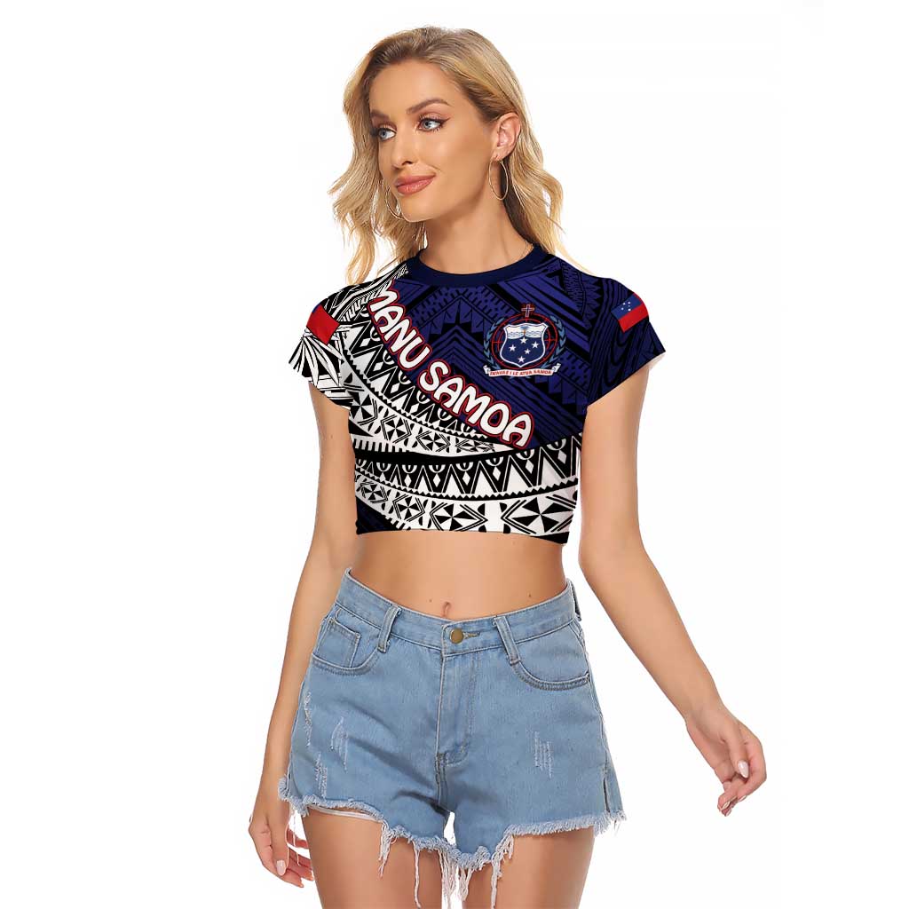Custom Samoa Rugby Pacific Raglan Cropped T Shirt Samoan Warrior Tribal Pattern LT9 Female Blue - Polynesian Pride