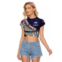 Custom Samoa Rugby Pacific Raglan Cropped T Shirt Samoan Warrior Tribal Pattern LT9 Female Blue - Polynesian Pride