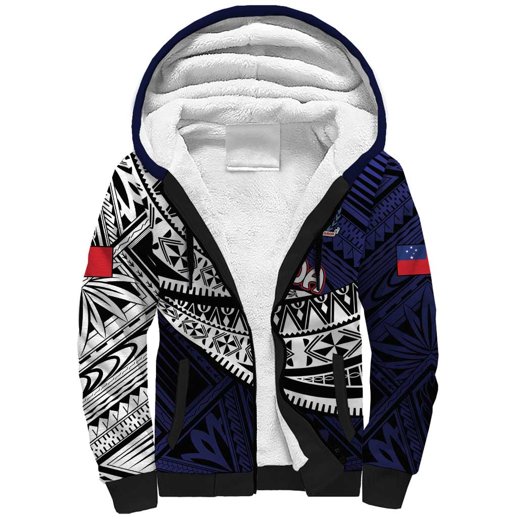 Custom Samoa Rugby Pacific Sherpa Hoodie Samoan Warrior Tribal Pattern LT9 Unisex Blue - Polynesian Pride