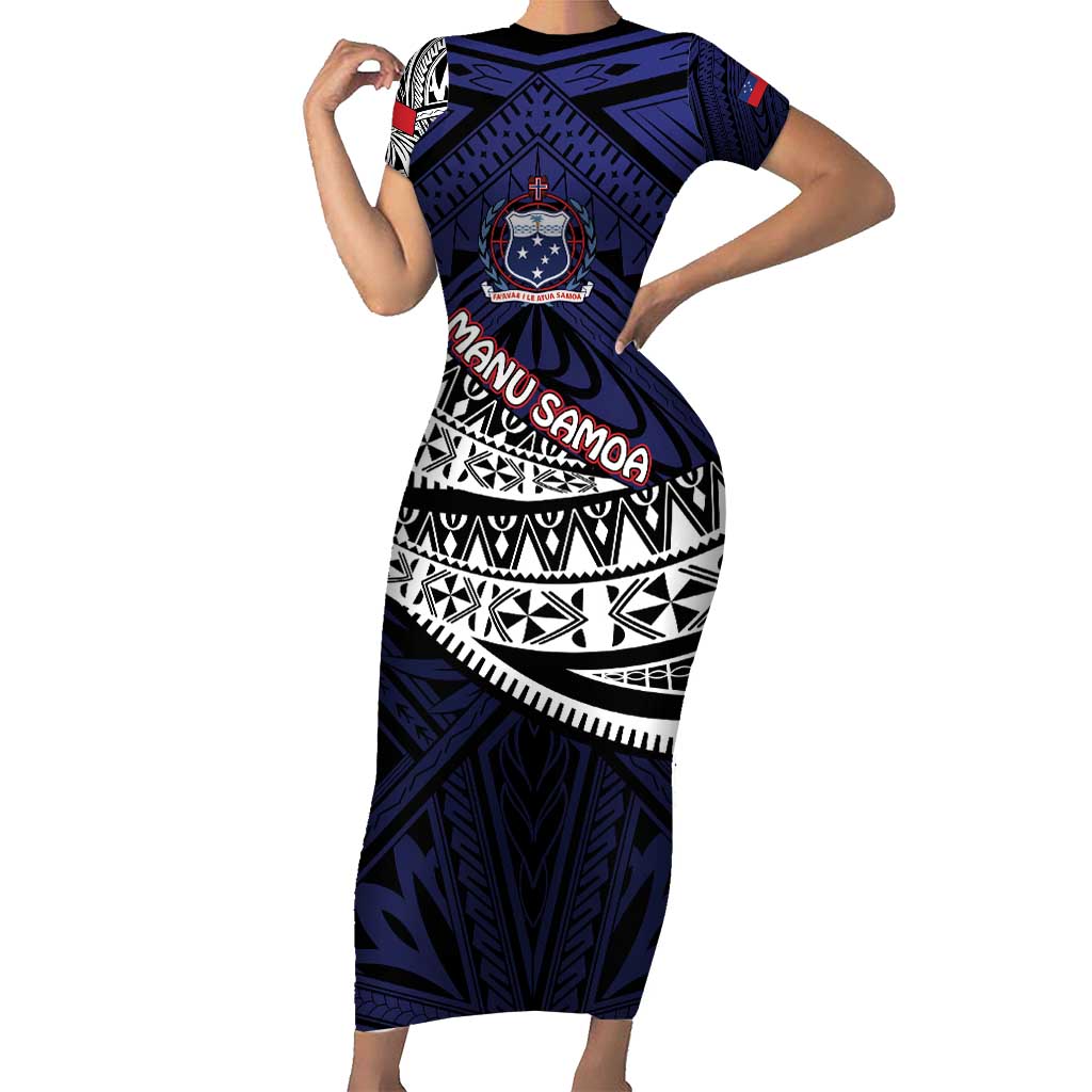 Custom Samoa Rugby Pacific Short Sleeve Bodycon Dress Samoan Warrior Tribal Pattern