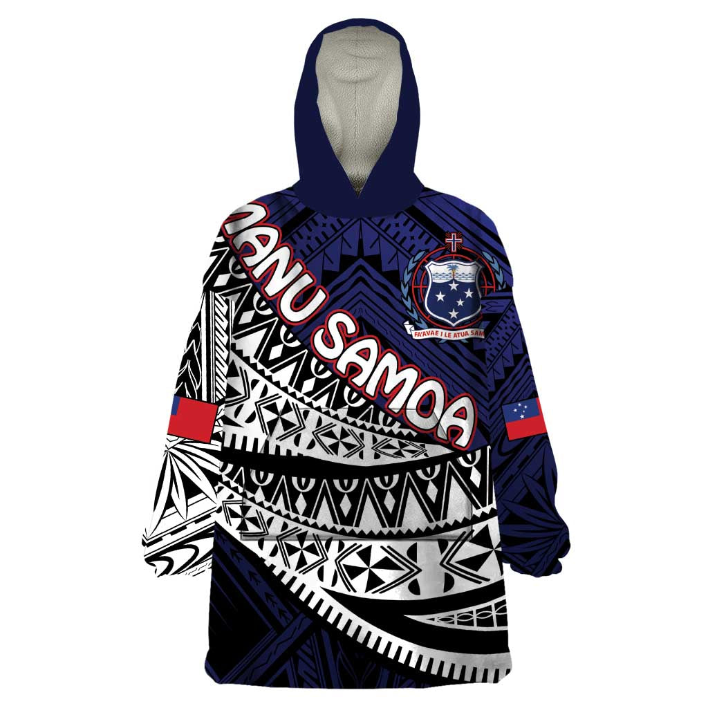 Custom Samoa Rugby Pacific Wearable Blanket Hoodie Samoan Warrior Tribal Pattern LT9 One Size Blue - Polynesian Pride
