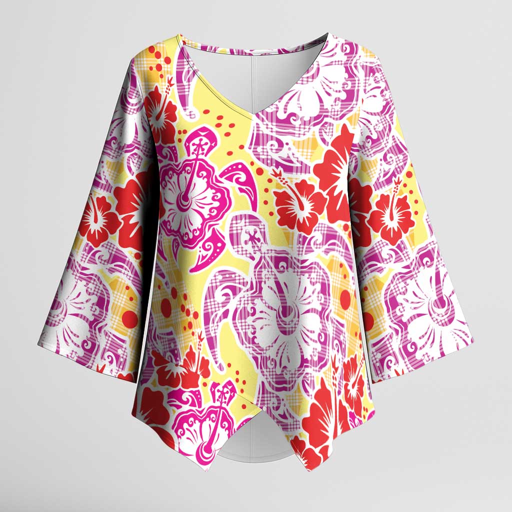 Palaka with Honu and Hibiscus Kimono Sleeve Blouse Hawaiian Heritage Spirit LT9 Female Red - Polynesian Pride