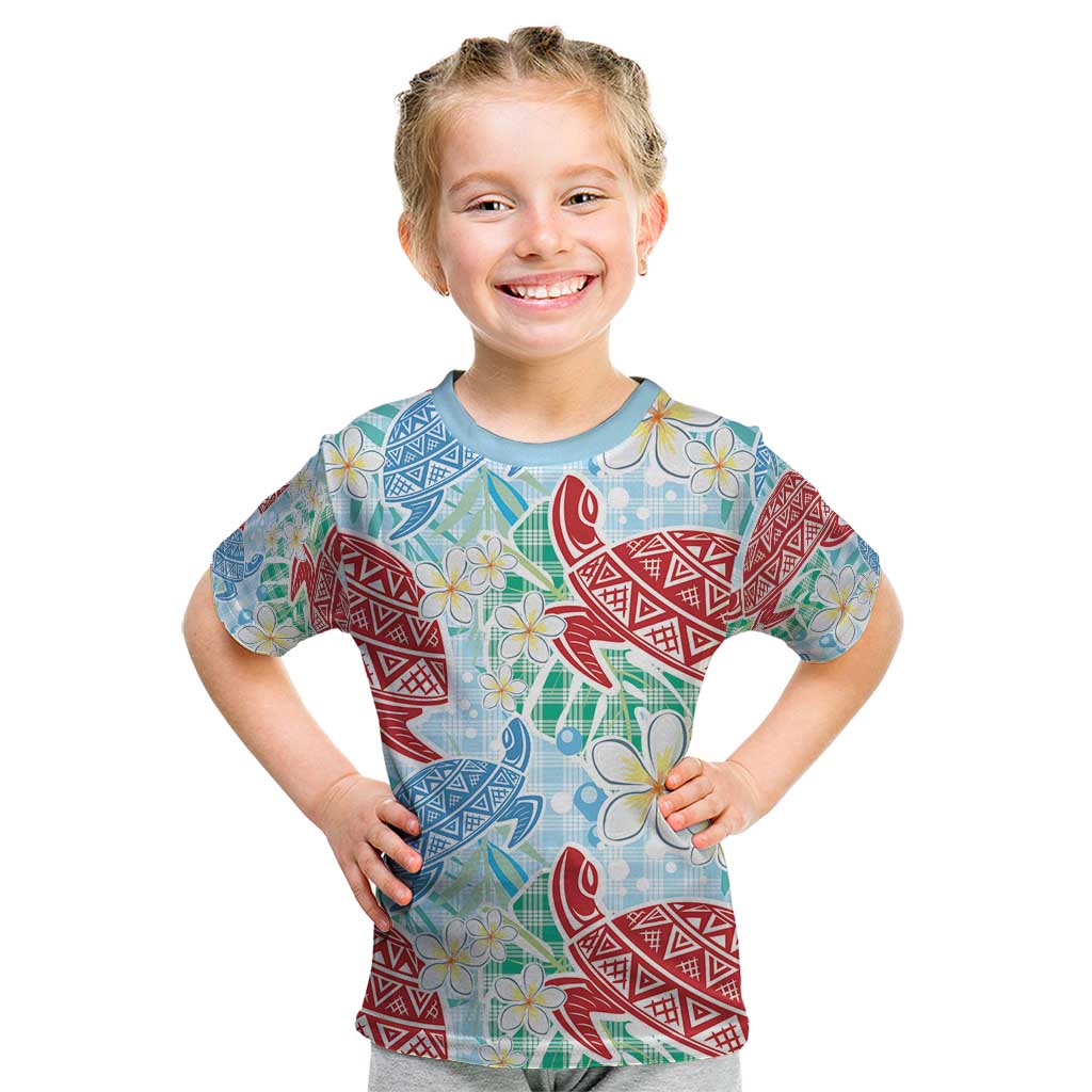 Palaka with Honu and Plumeria Kid T Shirt Hawaiian Heritage Spirit LT9 Blue - Polynesian Pride