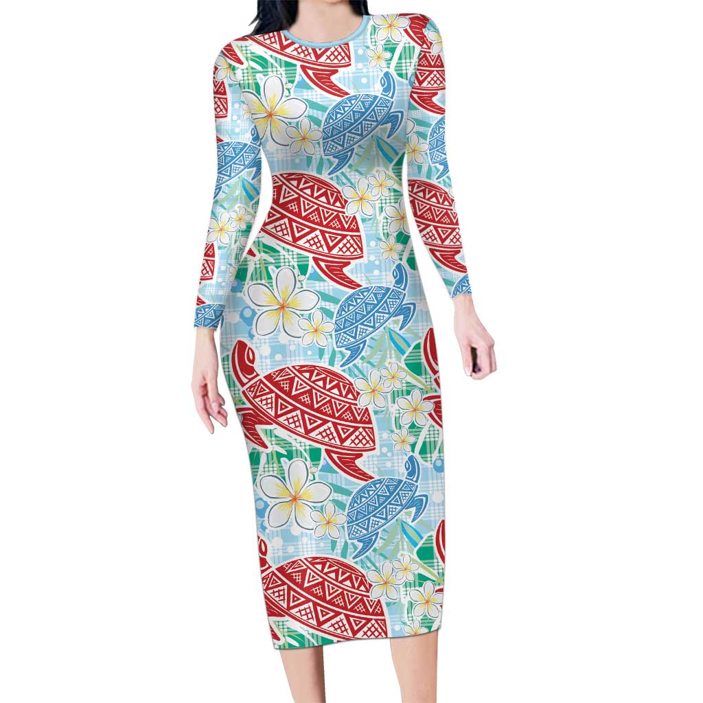 Palaka with Honu and Plumeria Long Sleeve Bodycon Dress Hawaiian Heritage Spirit LT9 Long Dress Blue - Polynesian Pride