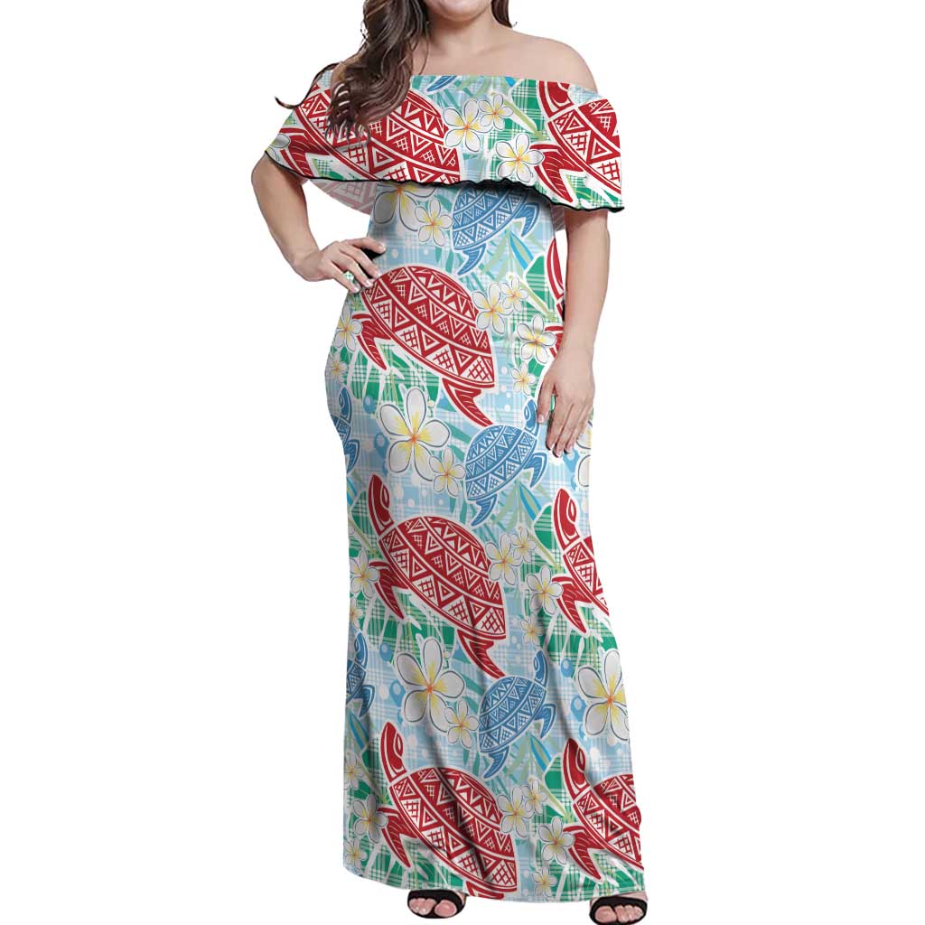 Palaka with Honu and Plumeria Off Shoulder Maxi Dress Hawaiian Heritage Spirit LT9 Women Blue - Polynesian Pride