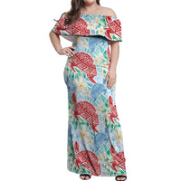 Palaka with Honu and Plumeria Off Shoulder Maxi Dress Hawaiian Heritage Spirit LT9 Women Blue - Polynesian Pride