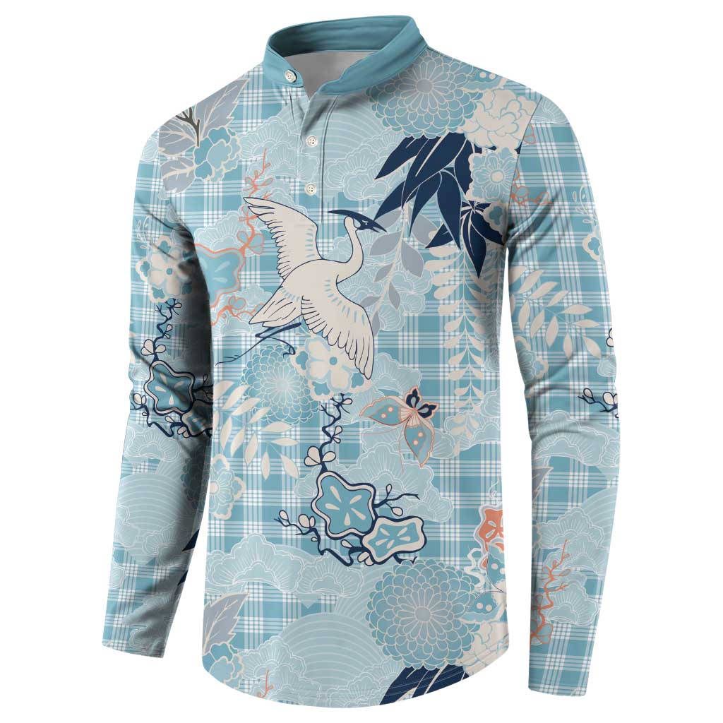 Blue Palaka Crane and Flowers Button Sweatshirt Japan Heritage Spirit LT9 - Polynesian Pride