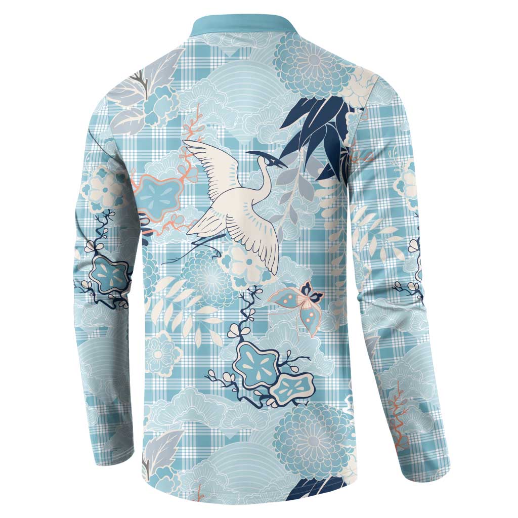 Blue Palaka Crane and Flowers Button Sweatshirt Japan Heritage Spirit LT9 - Polynesian Pride