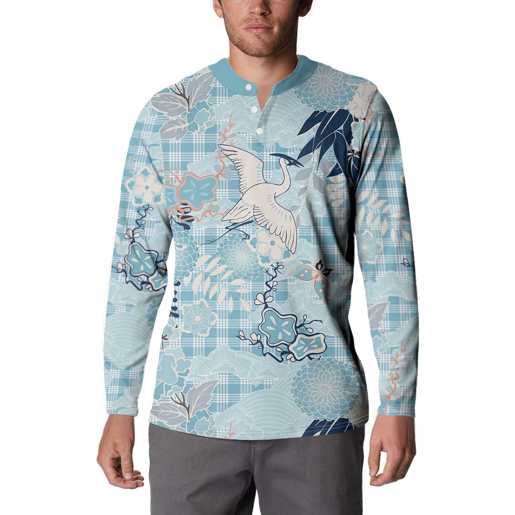 Blue Palaka Crane and Flowers Button Sweatshirt Japan Heritage Spirit LT9 - Polynesian Pride