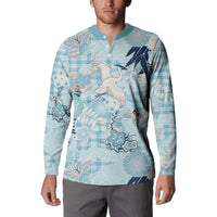 Blue Palaka Crane and Flowers Button Sweatshirt Japan Heritage Spirit LT9 - Polynesian Pride