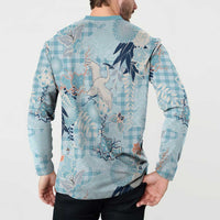 Blue Palaka Crane and Flowers Button Sweatshirt Japan Heritage Spirit LT9 - Polynesian Pride