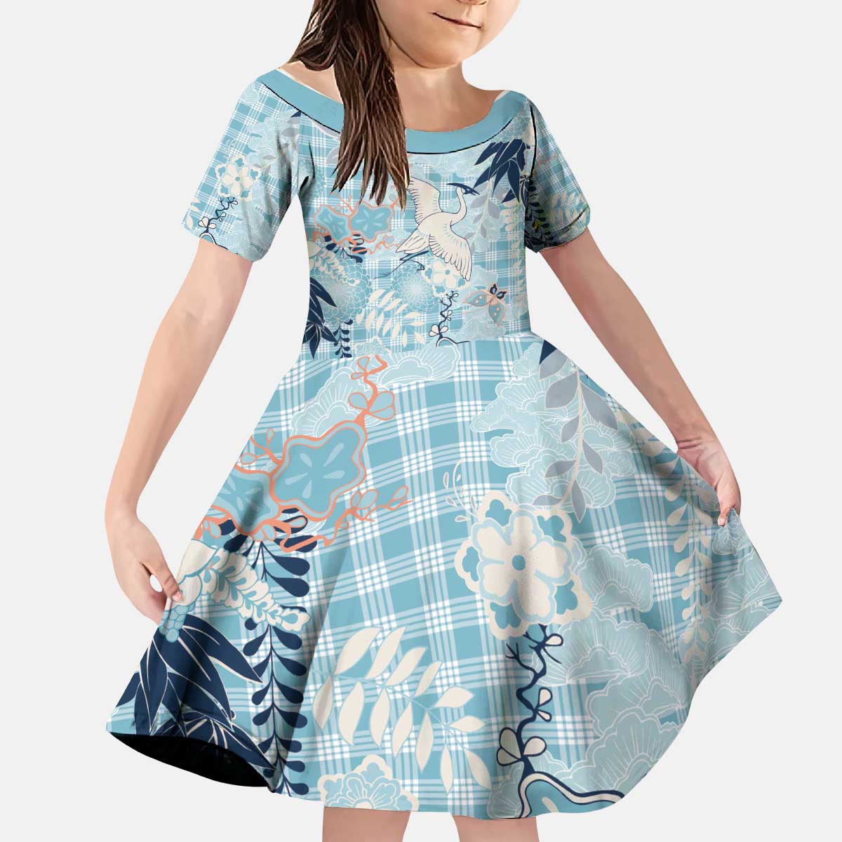 Blue Palaka Crane and Flowers Kid Short Sleeve Dress Japan Heritage Spirit LT9 KID Blue - Polynesian Pride