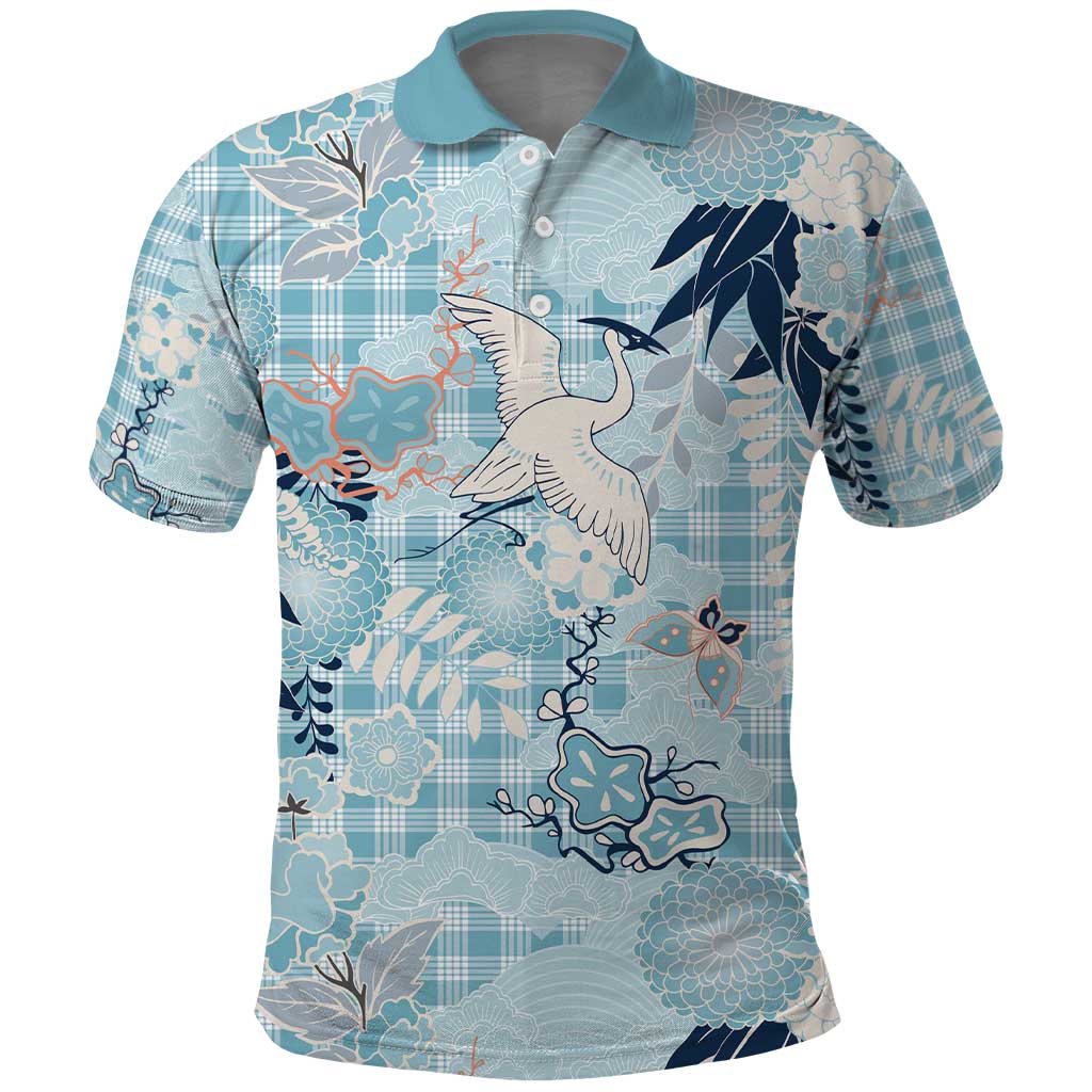 Blue Palaka Crane and Flowers Polo Shirt Japan Heritage Spirit LT9 Blue - Polynesian Pride