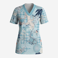 Blue Palaka Crane and Flowers Scrub Top Japan Heritage Spirit LT9 Adult Blue - Polynesian Pride