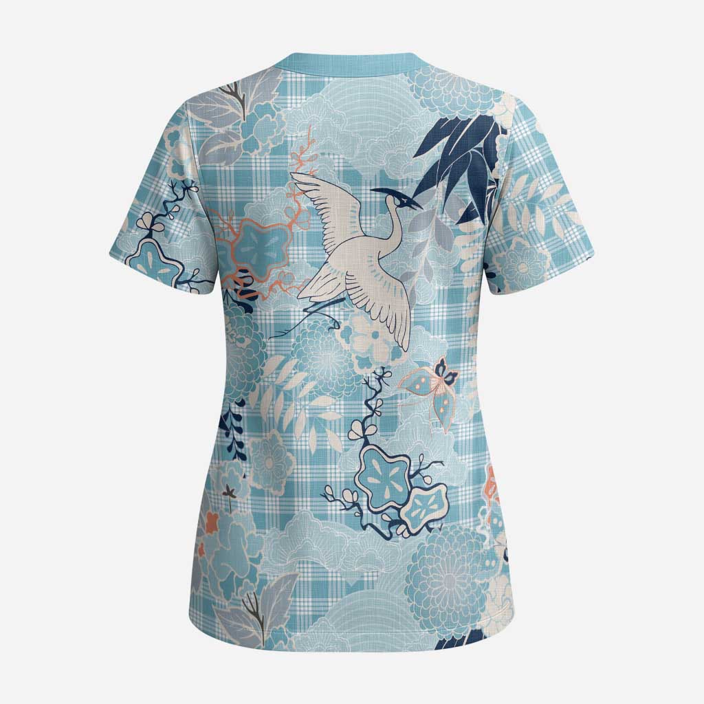 Blue Palaka Crane and Flowers Scrub Top Japan Heritage Spirit LT9 - Polynesian Pride