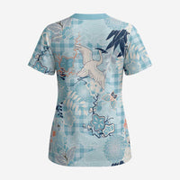 Blue Palaka Crane and Flowers Scrub Top Japan Heritage Spirit LT9 - Polynesian Pride