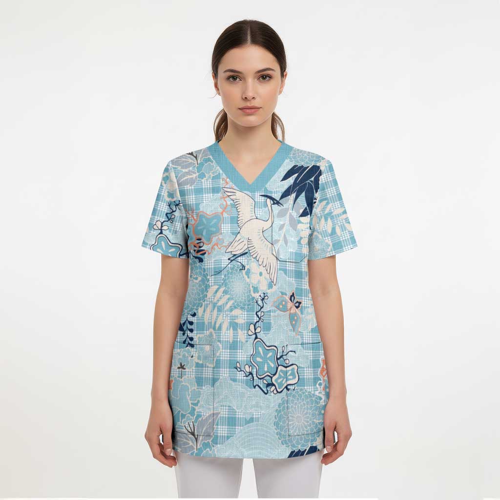 Blue Palaka Crane and Flowers Scrub Top Japan Heritage Spirit LT9 - Polynesian Pride