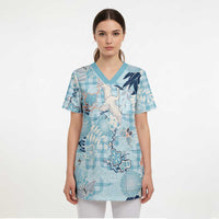 Blue Palaka Crane and Flowers Scrub Top Japan Heritage Spirit LT9 - Polynesian Pride