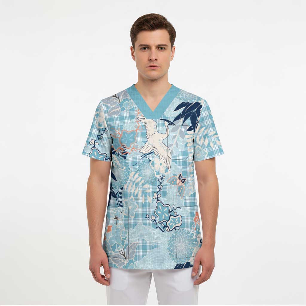 Blue Palaka Crane and Flowers Scrub Top Japan Heritage Spirit LT9 - Polynesian Pride