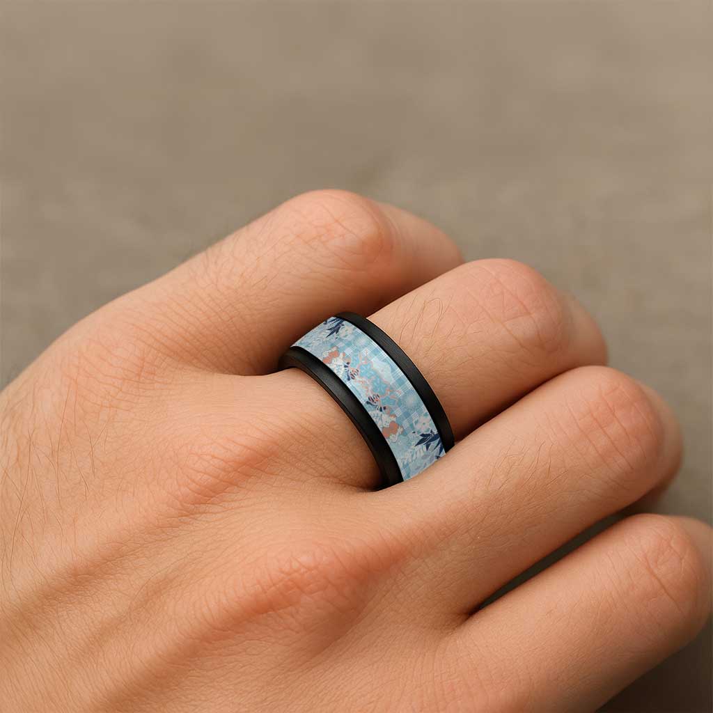 Blue Palaka Crane and Flowers Spinner Ring Japan Heritage Spirit LT9 - Polynesian Pride