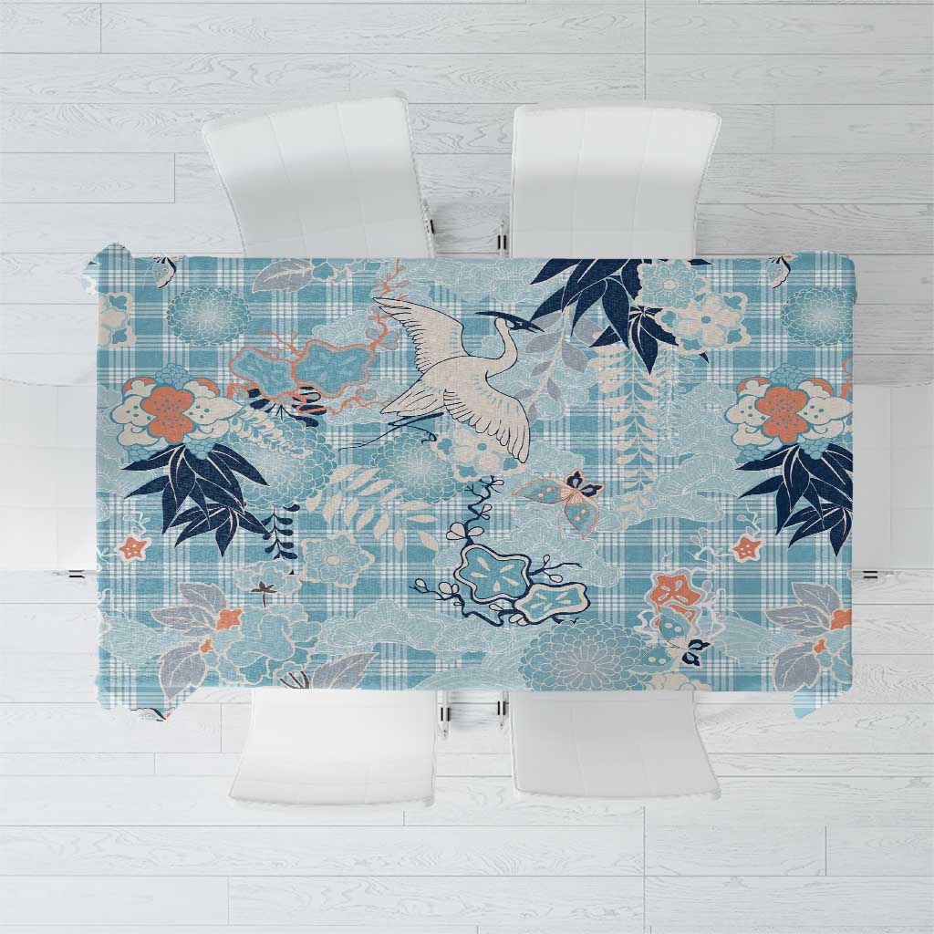 Blue Palaka Crane and Flowers Tablecloth Japan Heritage Spirit LT9 Blue - Polynesian Pride