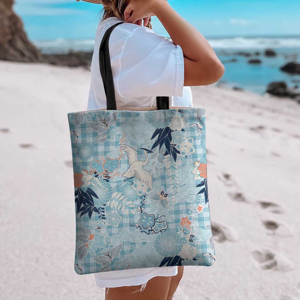 Blue Palaka Crane and Flowers Tote Bag Japan Heritage Spirit LT9 - Polynesian Pride