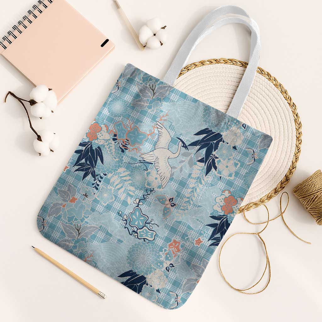 Blue Palaka Crane and Flowers Tote Bag Japan Heritage Spirit LT9 White Strap One Size Blue - Polynesian Pride